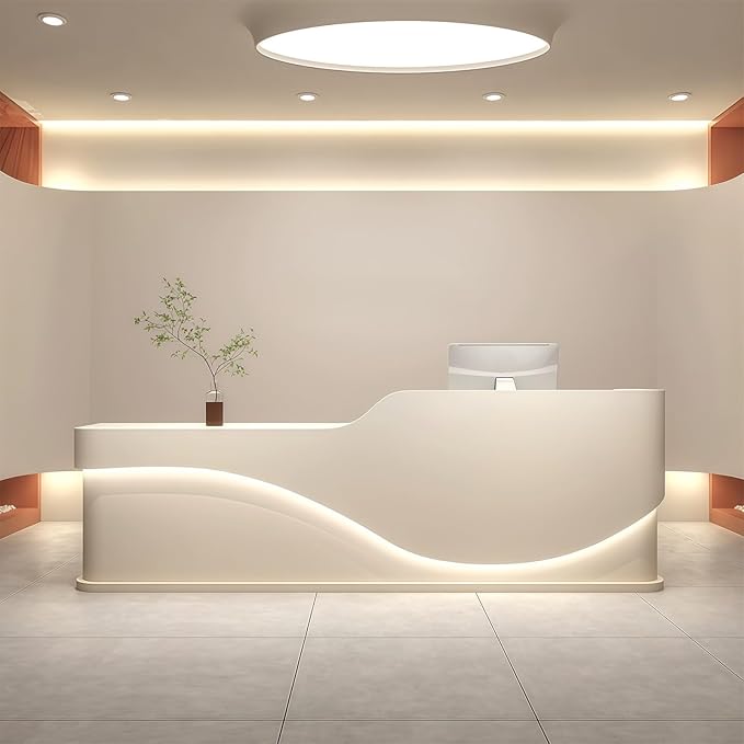 L-Shaped Reception Desk - Modern Reception Desk, Retail Counter and Checkout Desks with Storage Counter and Concealed LED Lighting. No Assembly Required, for Offices, Shopping Malls or Beauty Salons