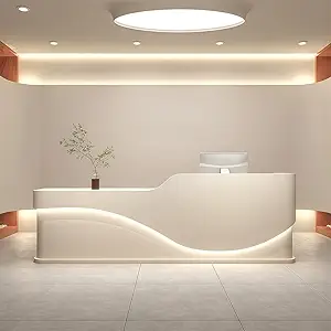 L-Shaped Reception Desk - Modern Reception Desk, Retail Counter and Checkout Desks with Storage Counter and Concealed LED Lighting. No Assembly Required, for Offices, Shopping Malls or Beauty Salons