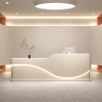 L-Shaped Reception Desk - Modern Reception Desk, Retail Counter and Checkout Desks with Storage Counter and Concealed LED Lighting. No Assembly Required, for Offices, Shopping Malls or Beauty Salons