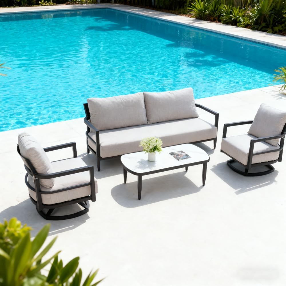 4PC Outdoor Conversation Set with 360° Swivel Club Chairs, Bench Seat Sofa, Marble-Inspired Sintered Stone Coffee Table, Rust-Free Aluminum Frame & Cushions