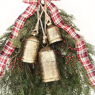Brass Christmas Bell Decorations, Shabby Chic Vintage Style Rustic Gold Brass, Handcrafts Rustic Metal Hanging Giant Cow Bells, Hanging Christmas Bell Ornaments for Home Garden Decor (A-3 bells)