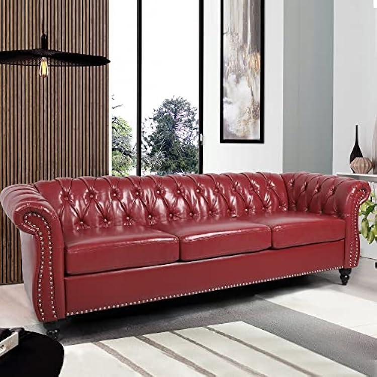 Image of WOODEN WORLD Modern & Classic Leather Sofa Set - Luxurious Comfort, Stylish Design, and Durable Build (Red, 3 Seater)