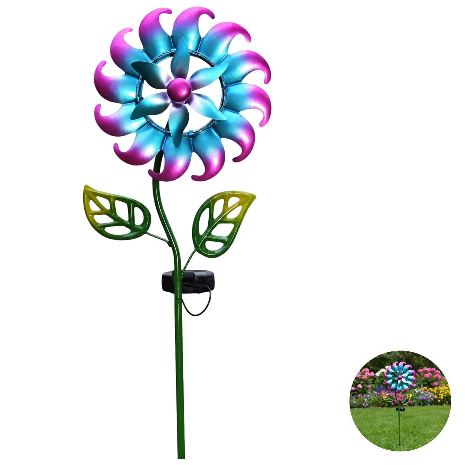 Molinillo de viento solar azul, 93 cm, escultura de viento de metal para decoración de jardín, molino de viento cinético con LED que cambia de color, funciona con energía solar, para césped y patio al