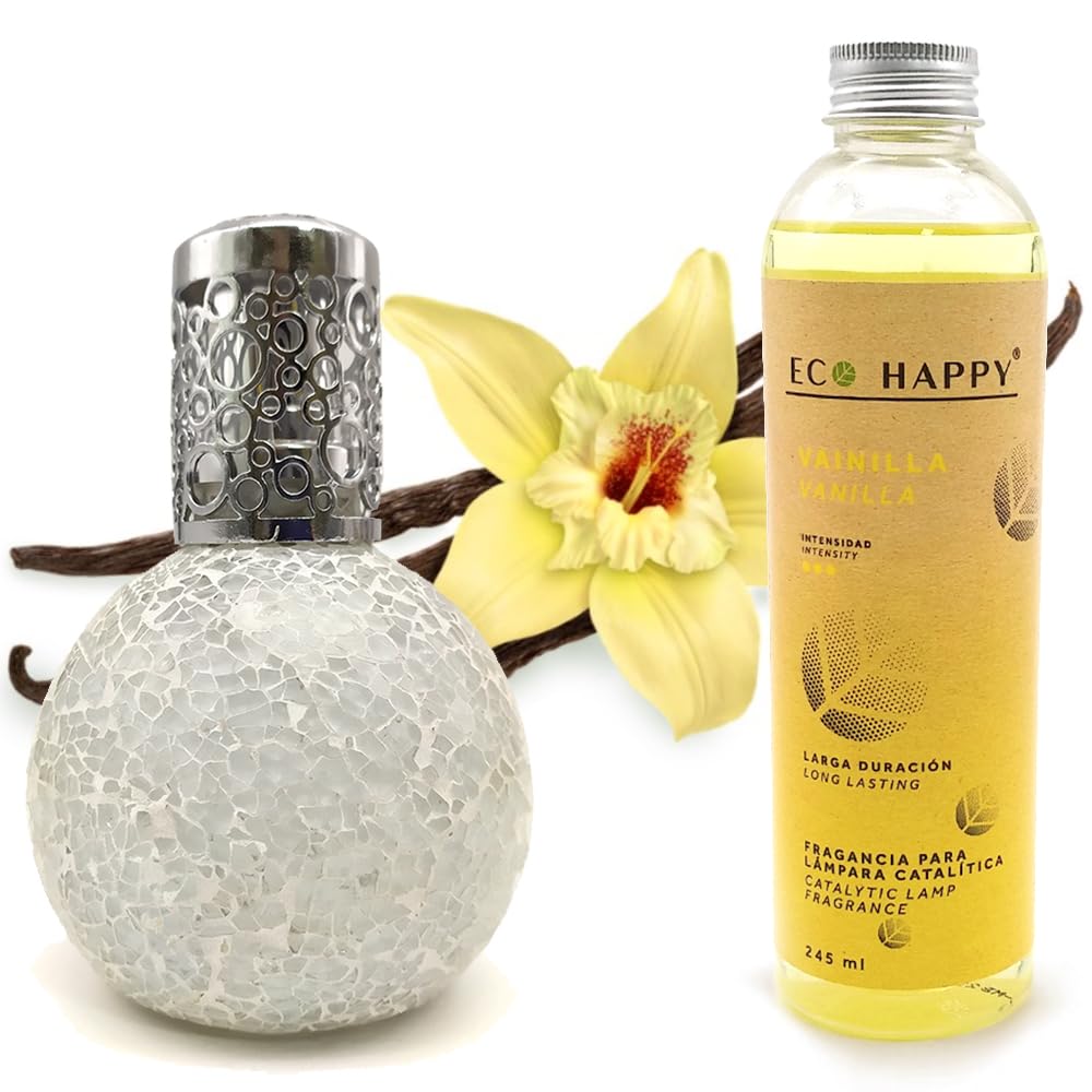 Pack lámpara catalítica Mosaico Blanco + Fragancia Aroma Vainilla Eco 245 ml - Elimina Malos olores, Limpia, sanea y perfuma el Ambiente
