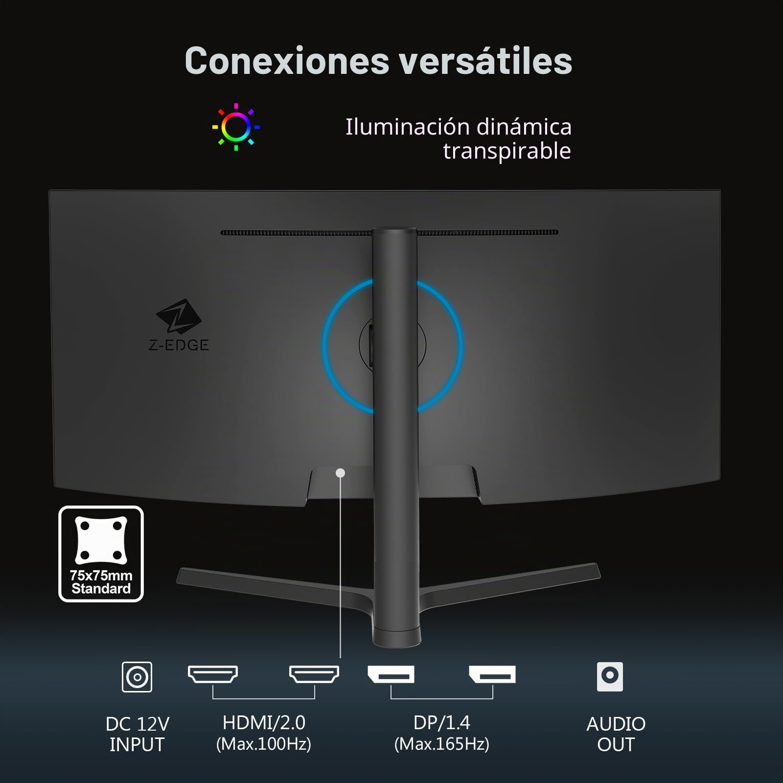 Z-Edge Monitor Gaming Curvo 34 Pulgadas, 165Hz, 3440x1440, 1ms MPRT, Altura & Inclinación Ajustables, Pantalla Ultra Ancho 21:9, FreeSync, 1500R VA, 2* HDMI2.0 &2* DP1.4, RGB, VESA 100 * 100mm