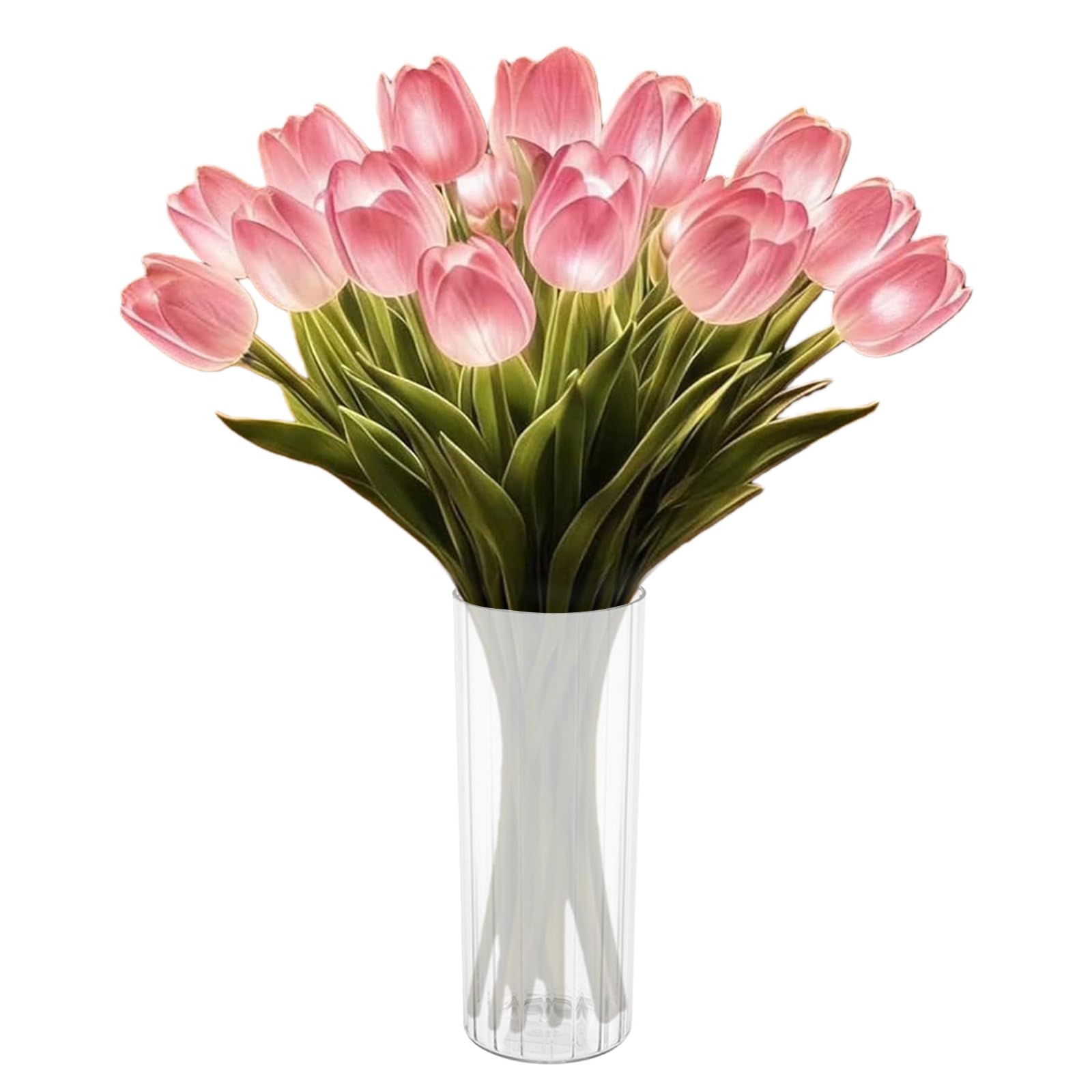 LED Lighted Artificial Flowers Tulip Lamp with Vase Real Touch Tulips Faux Flower Lights for Valentines Day Gift Easter Home Kitchen Wedding Dining Table Decor (Pink 15pcs)