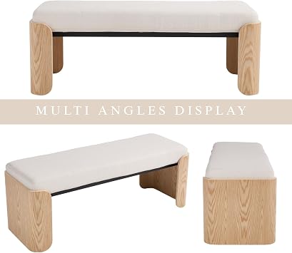DUOMAY Modern White Chenille Bedroom Bench, 49 Wide Long Entryway Bench with Solid Wood Legs Upholstered Dining Bench Ottoman for Living Room Indoor