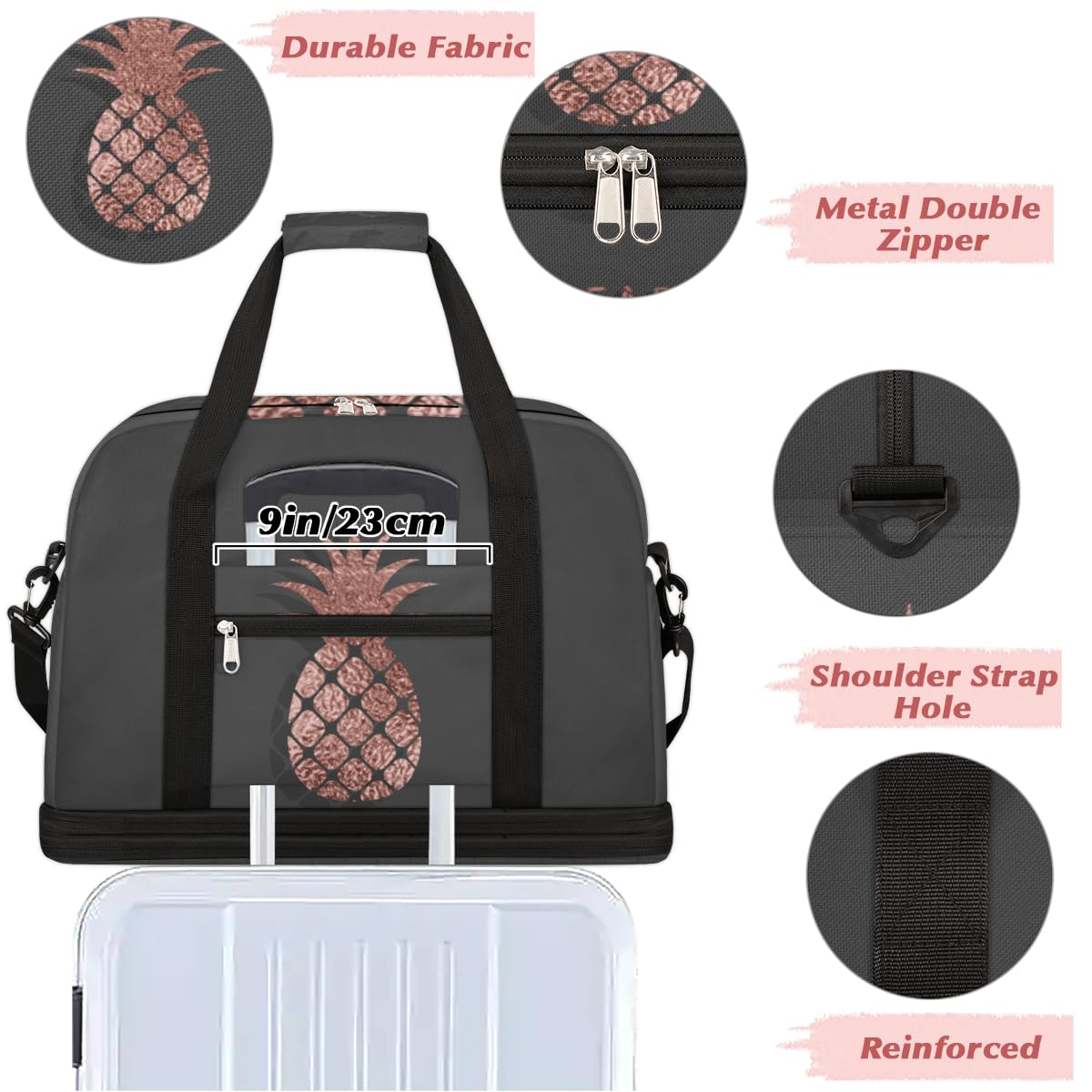 Bolsa de viaje plegable con diseño de piña, bolsa de fin de semana de 47 l con funda de carrito para el hombro, bolsa de mano separada para deportes, gimnasio, viajes, multicolor, 47L, Bolsa de viaje