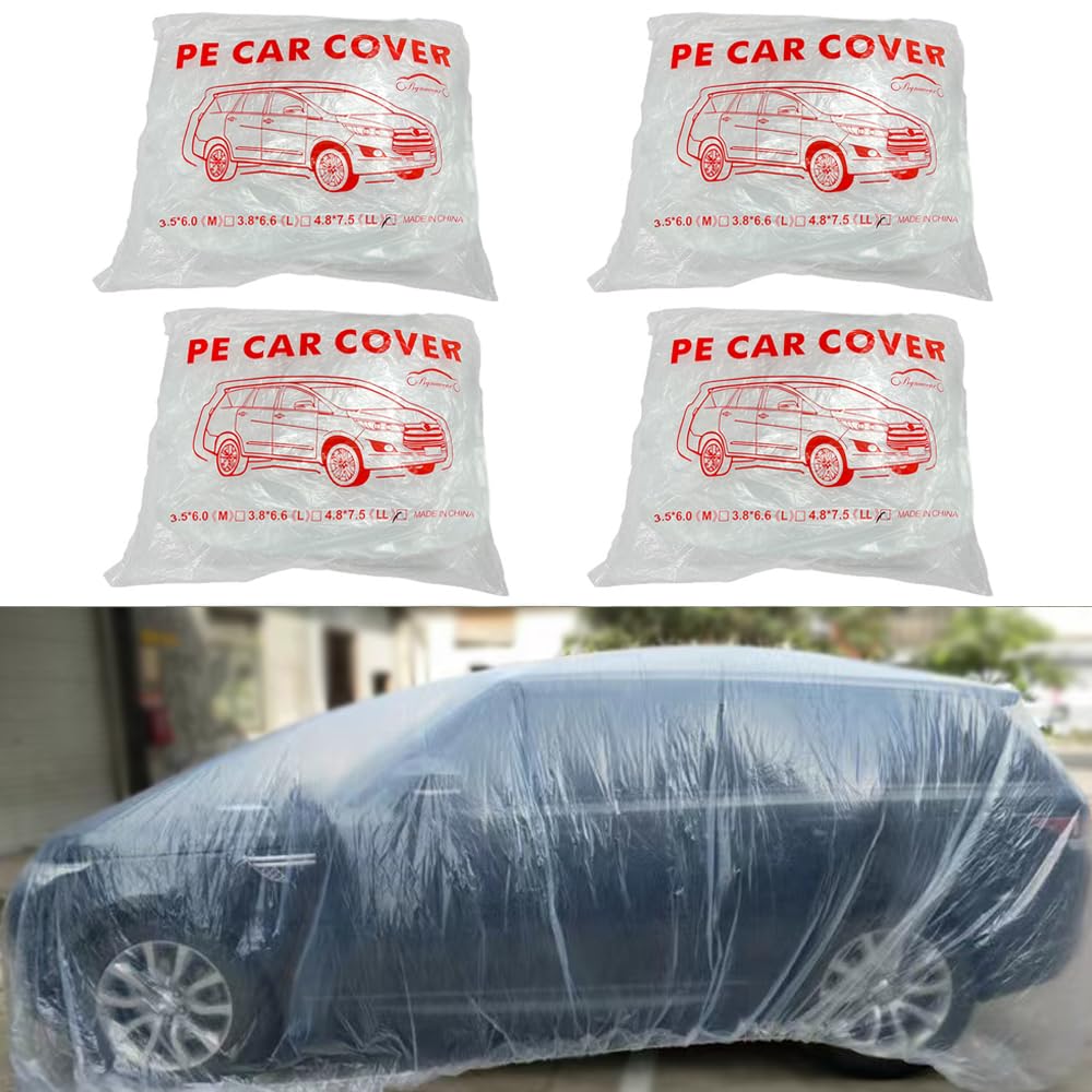 4 Packs Disposable Car Cover Clear Plastic Car Cover Universal Rain Dust Garage Cover with Elastic Band Medium
