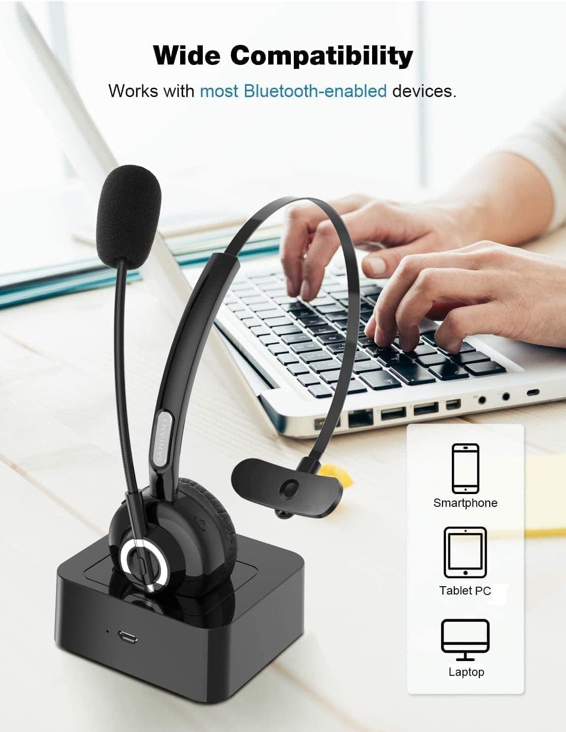 Trucker Bluetooth-Headset V5.0 Mit Mikrofon Und Geräuschunterdrückung - 18 Stunden Gesprächszeit, Kabelloses Headset Mit Ladeständer Für Handy/Laptop/Tablet