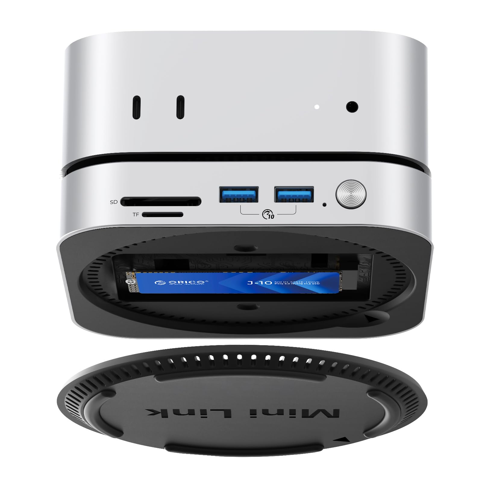 Dock e Supporto ORICO MiniLink per Mac mini M4, Hub USB C in Alluminio con Custodia SSD per M.2 NVMe/SATA, 2 porte USB 3.2 a 10Gbps, SD/TF 3.0, Dock Argento per Mac mini M4 / M4 Pro - M49P