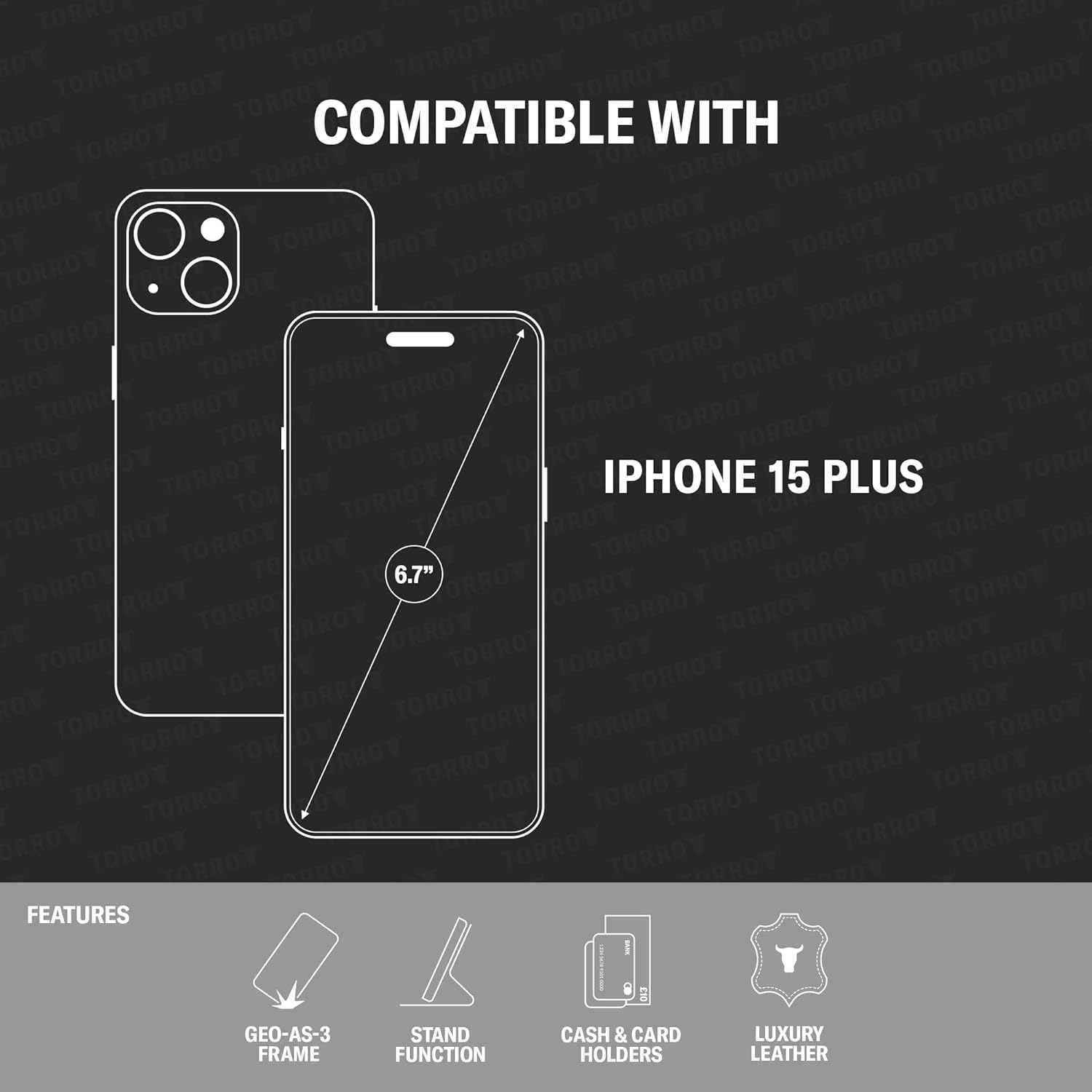 TORRO Leather Case Compatible with iPhone 15 Plus – Premium Leather Wallet Case with Kickstand and Card Slots - Black