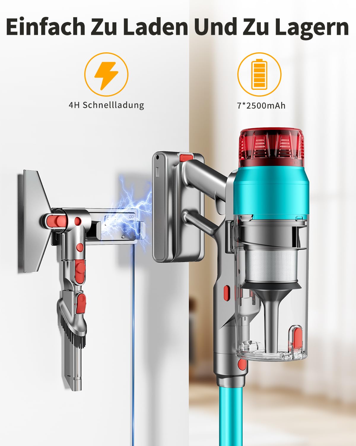 60000Pa/600W Akku Staubsauger Kabellos 75Mins Laufzeit, Wandmontierte Ladestation, Akkustaubsauger Cordless Vacuum Cleaner mit Smart Display Anti-Verhedderung-Bürste für Teppich Hartboden Tierhaare