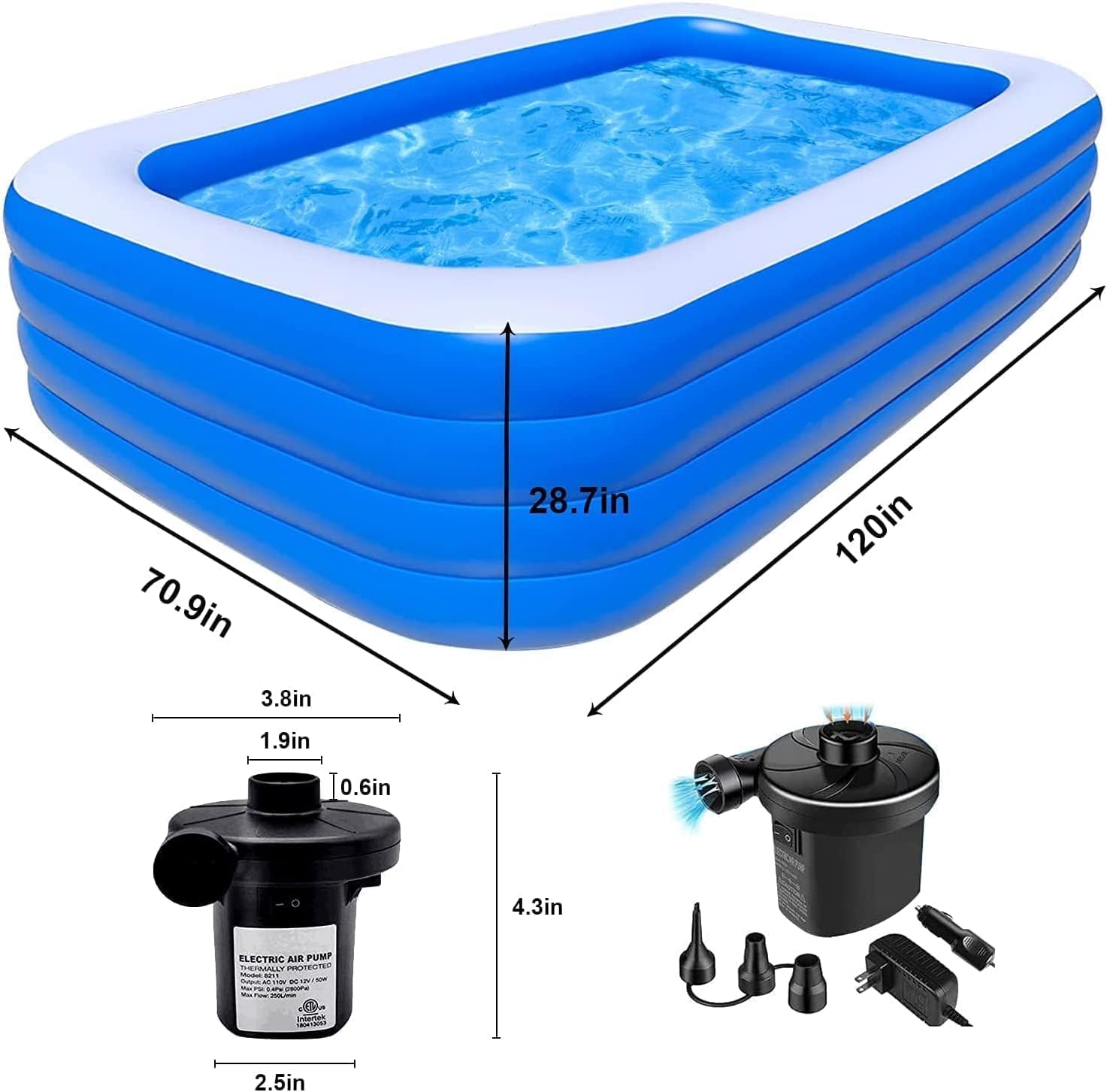 Above Ground Pool for Kids and Adults - 4 Rings with Air Pump Rectangle Pool Above Ground Swimming Pool - 10FT Kiddie Pool, Toddler Pool, Inflatable Pool (Blue) : Toys & Games