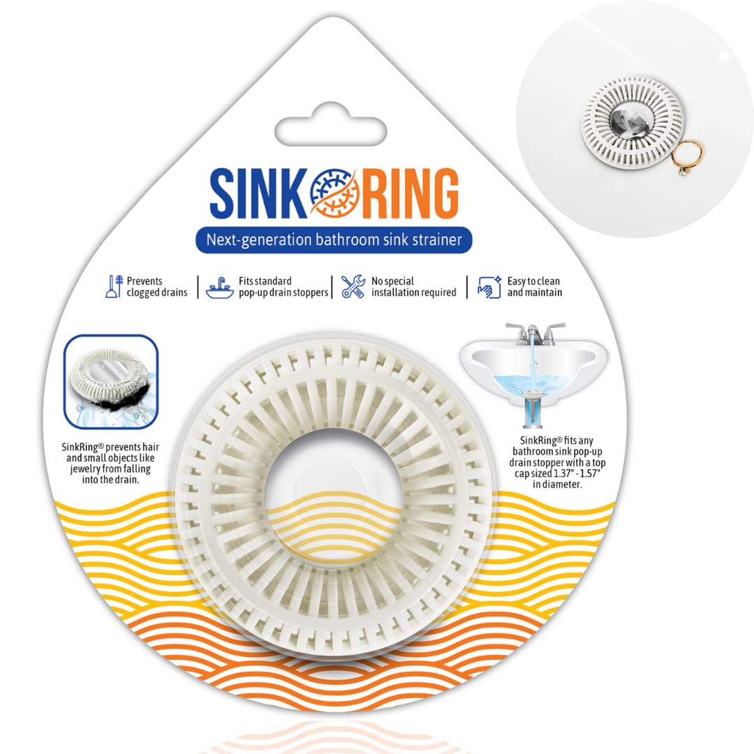 Bathroom Sink Hair Catcher for Pop-Up Drain – SinkRing 1.57" Precision Strainer for Bathroom Sink Drains | Clog-Free Hair Trap for Contacts, Earrings, Jewelry | No Suction or Screws – White
