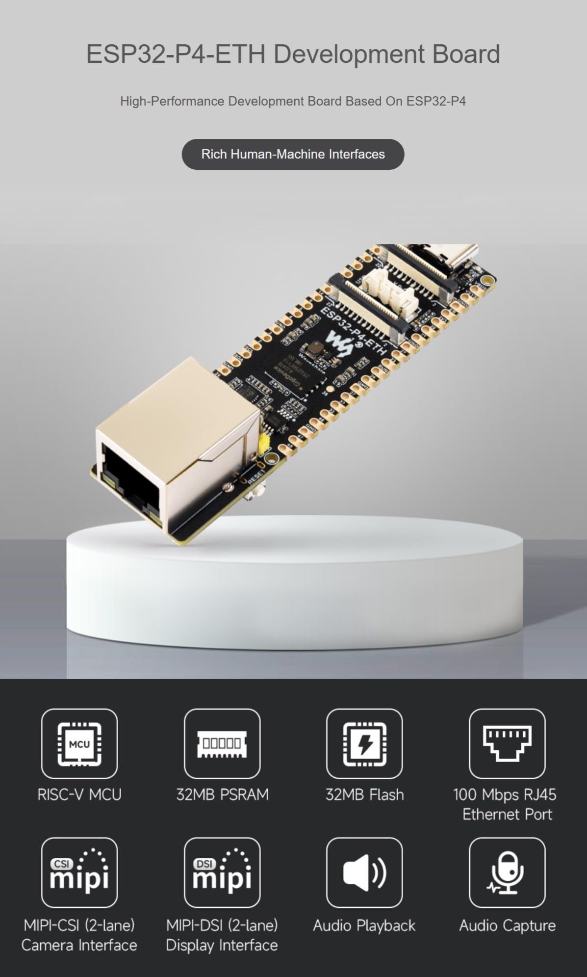 TUOPUONE Scheda di sviluppo ad alte prestazioni ESP32-P4-ETH con telecamera RPi (B) basata su ESP32-P4 con porta Ethernet RJ45 da 100 Mbps, senza intestazione (ESP32-P4-POE-ETH-NH-KIT-A)