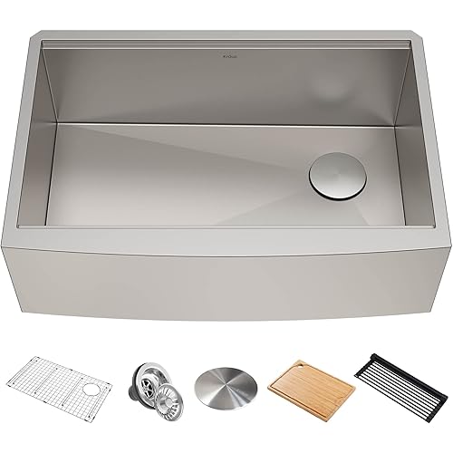 KRAUS Kore Workstation 33-inch Farmhouse Flat Apron Front 16 Gauge Single Bowl Stainless Steel Kitchen Sink with Integrated Ledge and Accessories (Pack of 5), KWF410-33
