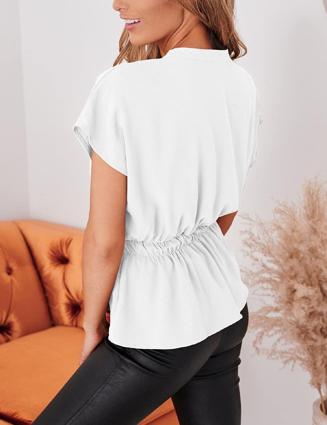 Womens Button Down Blouses Casual Peplum Summer Tops Dressy Chiffon Work Blouse White - Image 2