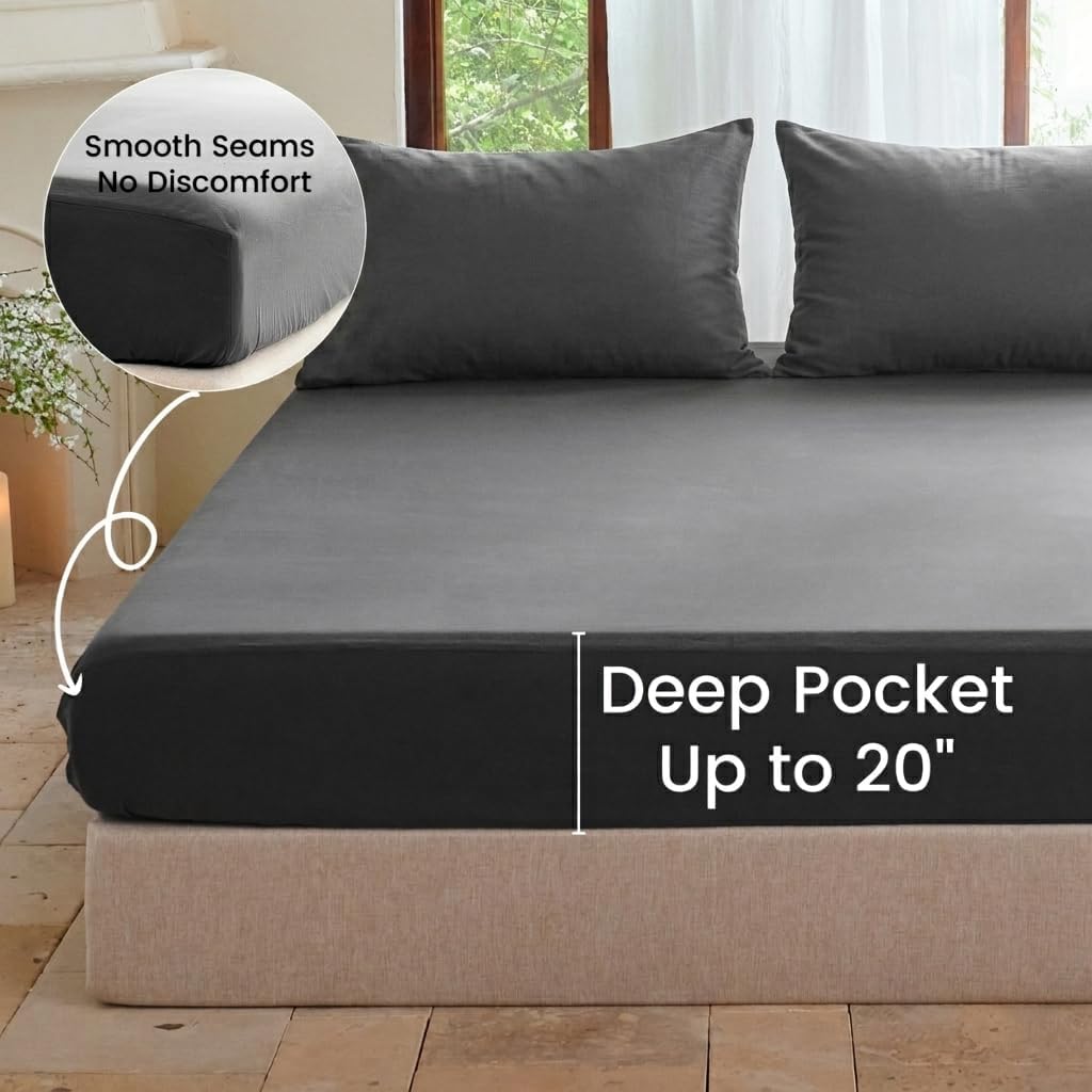 BISELINA 100% Washed Cotton Fitted Sheet Queen Size, Fits up to 20" Deep Pocket Fitted Bed Sheet only, Soft & Breathable, Anti-Wrinkle 360° Fully Wrapped Mattress Cover - Charcoal Grey