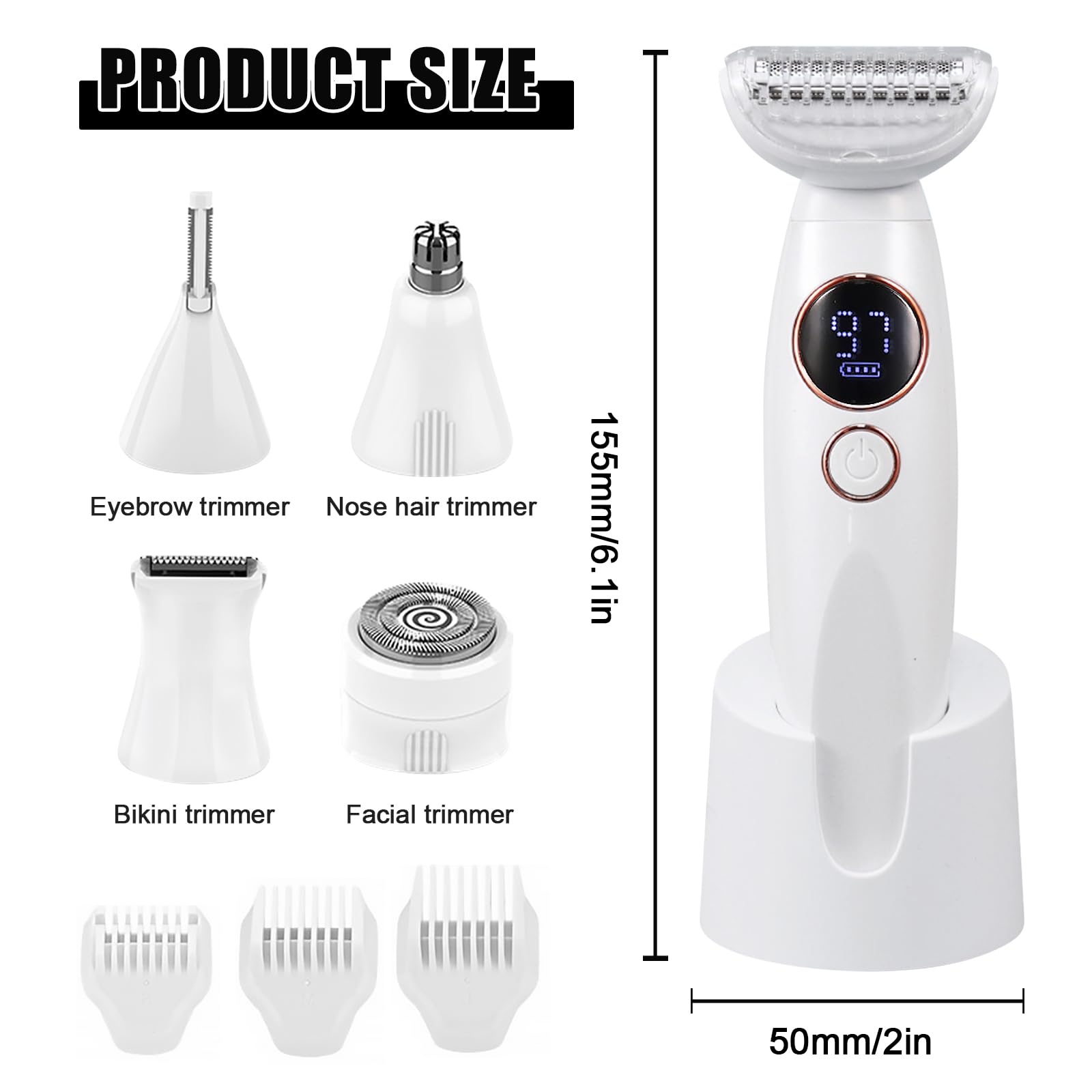 Rasoio elettrico da donna 5 in 1 rasoio intimo da donna IPX7 impermeabile per rasatura bagnata e asciutta, ricaricabile con USB, trimmer per zona bikini, ascelle, gambe e viso