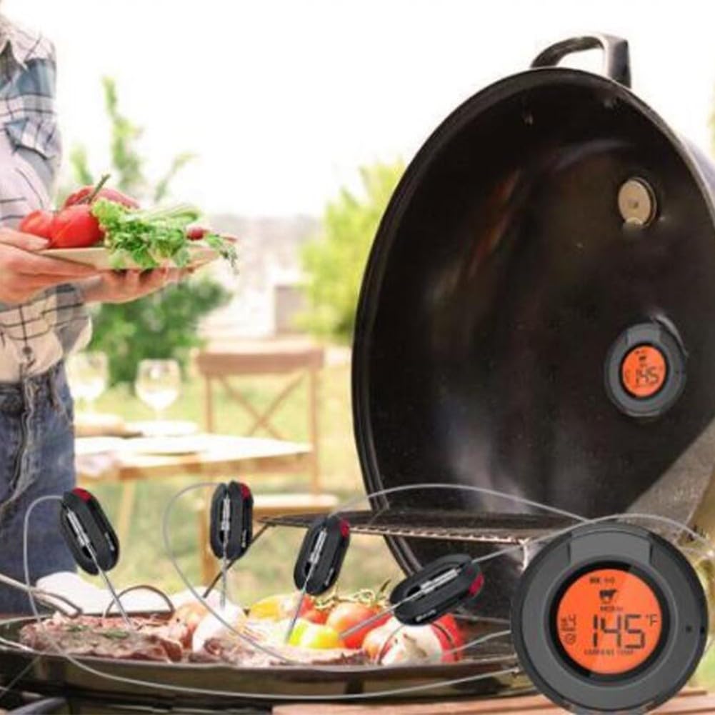 Digitales intelligentes Grillthermometer mit kabelloser Konnektivität und vier Sonden zur gleichzeitigen Fleischüberwachung im Ofen oder Grill, App-System, langes Kabeldesign (Thermometer + 4 Sonden)