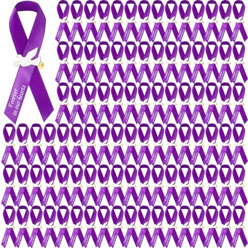 Geosar 100 Pcs Dove Funeral Memorial Ribbons Pins Memorial Service Respect Funeral Personalized Ribbon Bow with Safety Pins and White Dove for Mourning Remembrance Day Event(Purple)