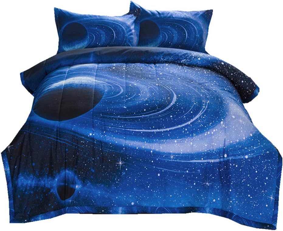NTBED 3D Galaxy Comforter Sets Outer Space Reversible Quilted Bed Sets Lightweight Ultra Soft Microfiber Bedding for Boys Teen (Blue, Full)