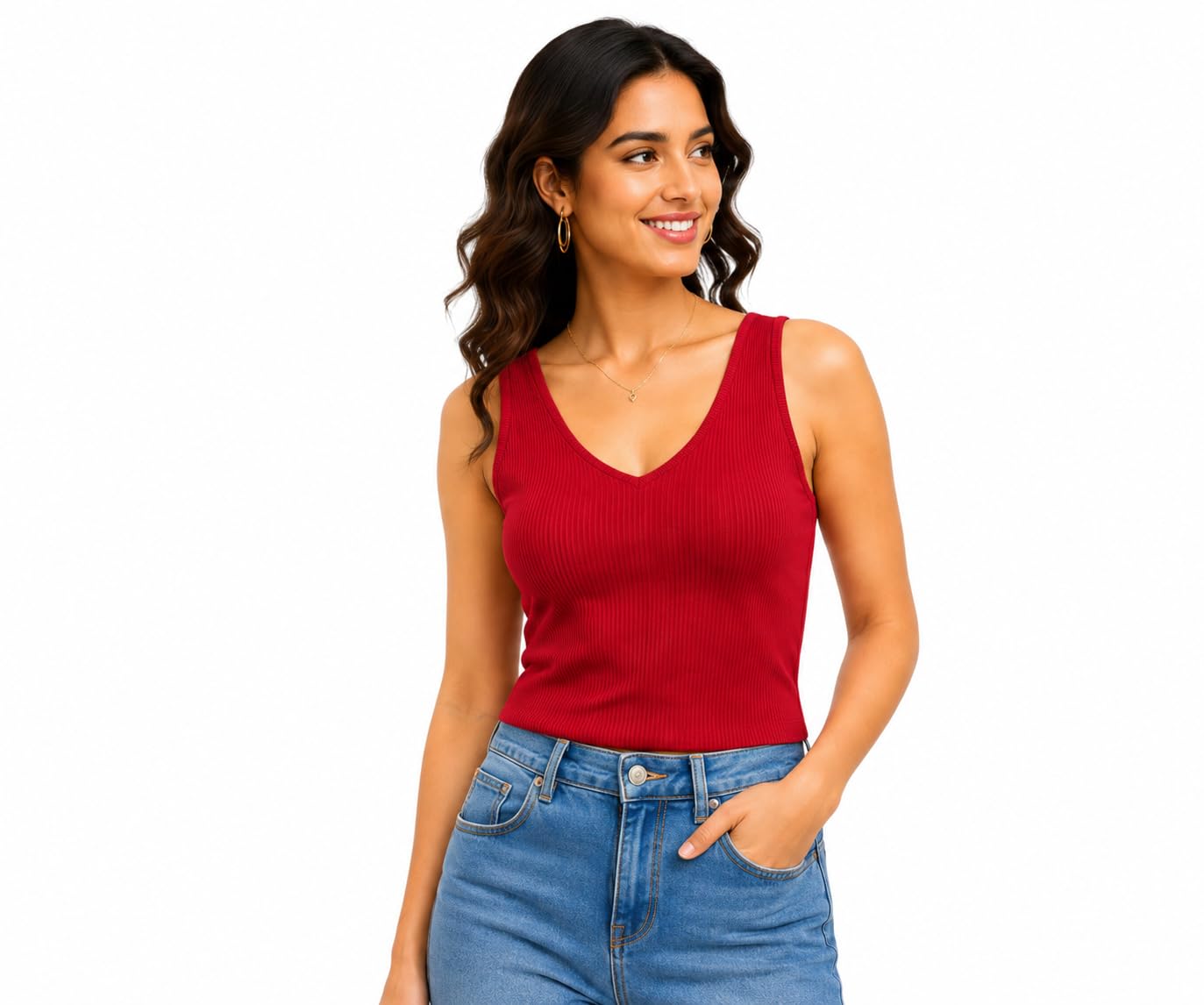 Women's Rib Knit V-Neck Tank Top | Double Layer Front | Sleeveless | Soft Stretchable Casual Top-image-9