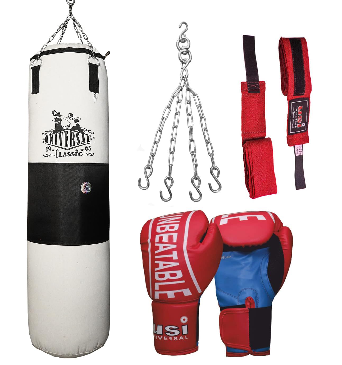USI Universal Boxing Kit With 626C Tough Canvas Unfilled Boxing Punching Bag, Boxing Gloves, 1 Pair Hand Wraps (108") & 4-Legs Hanging Chain for Boxing Martial Art Kickboxing Training (With 120cm Bag)-image-33