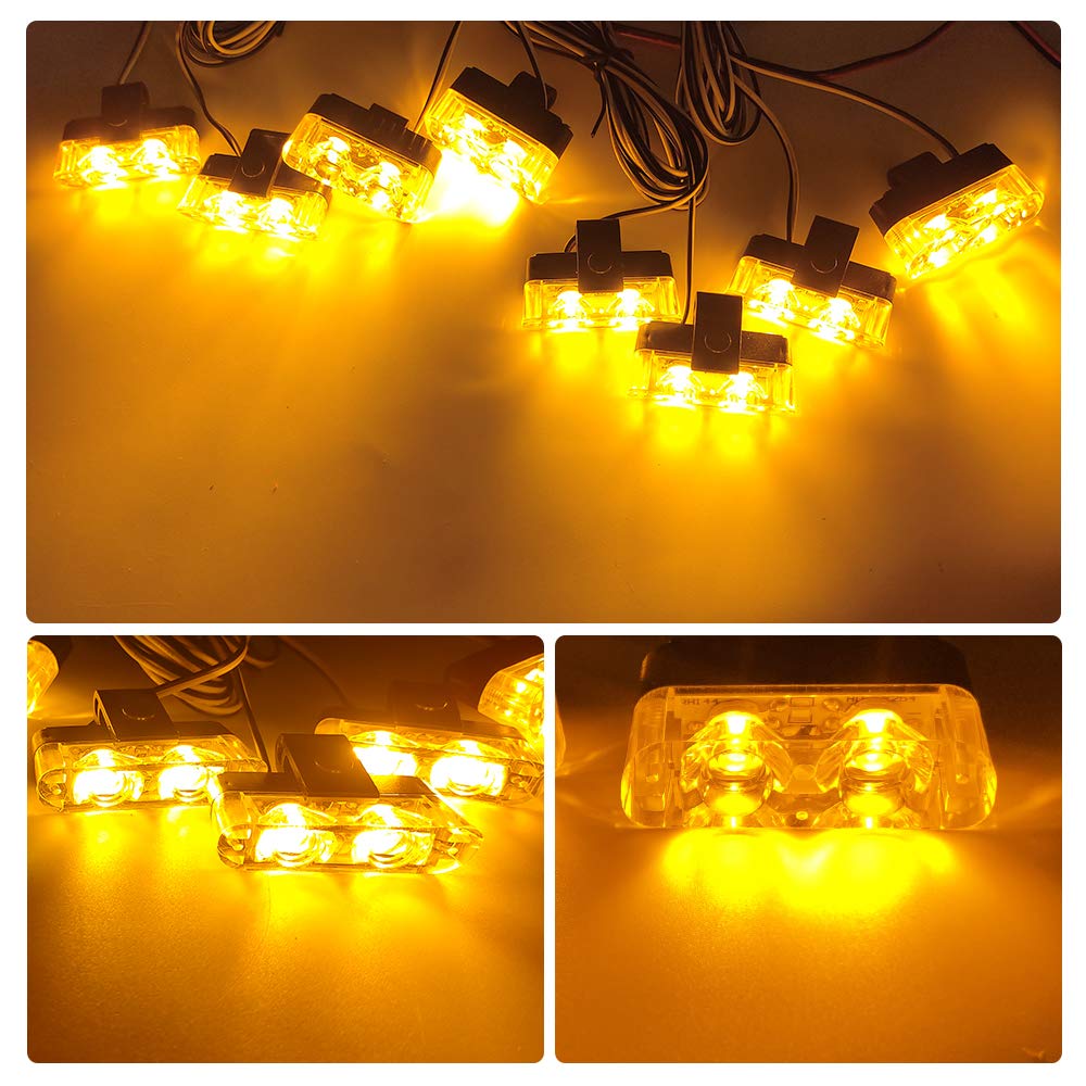 8 in 1 LED Lumières Stroboscopiques D'urgence pour Camion Véhicule Avertissement Clignotant Grille de Guide Flash DRL Police Voiture Moto DC12V Télécommande Sans Fil (Ambre)
