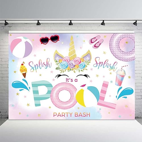 MEHOFOND Telón de fondo de fiesta de unicornio de 8 x 6 pies para fiesta en la piscina de verano, rosa, floral, salpicaduras, fotografía, telón de
