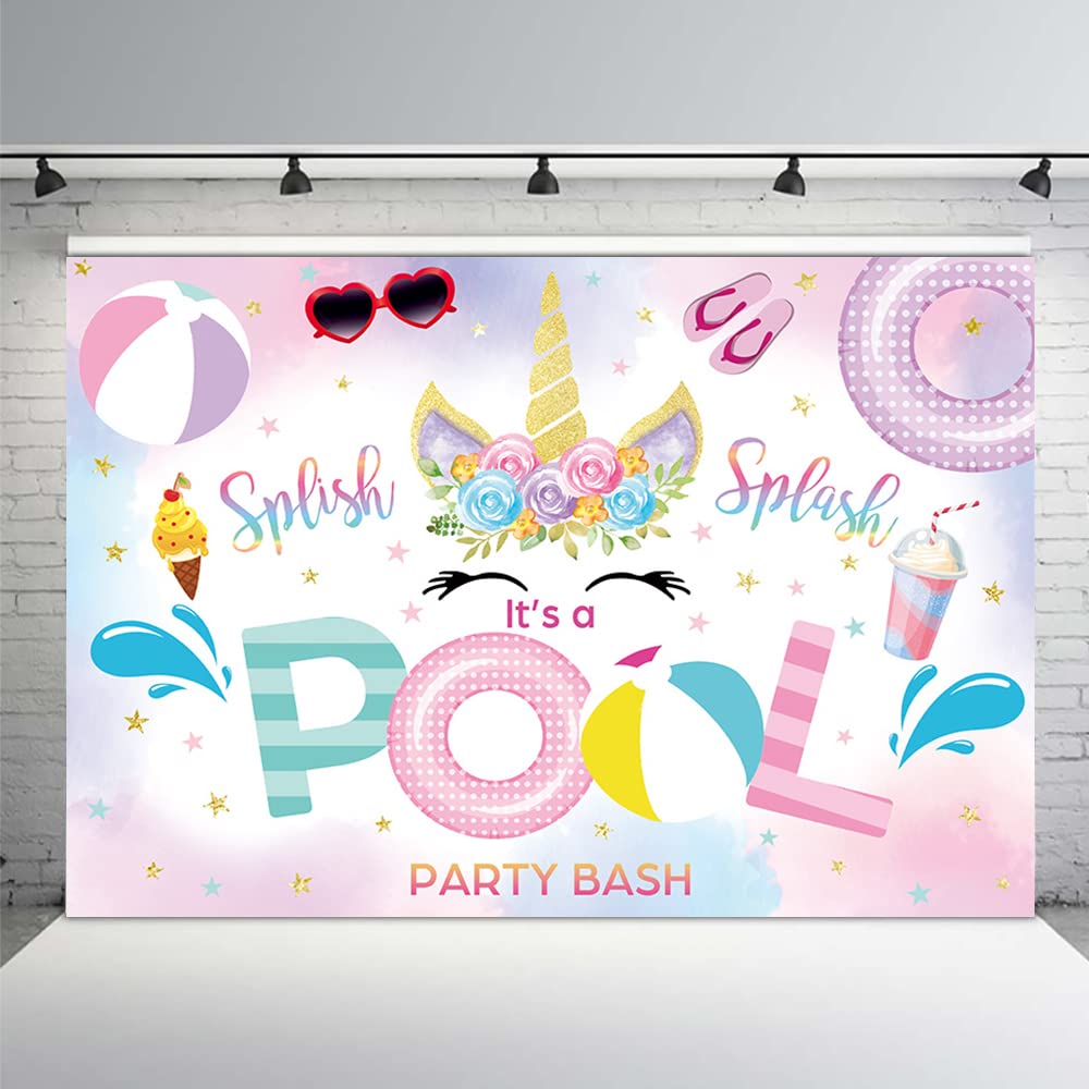 MEHOFOND 7x5ft Unicorn Pool Party Backdrop Summer Pink Floral Splish Splash Photography Backround It's A Pool Bash Party Banner Beach Ball Photo Booth