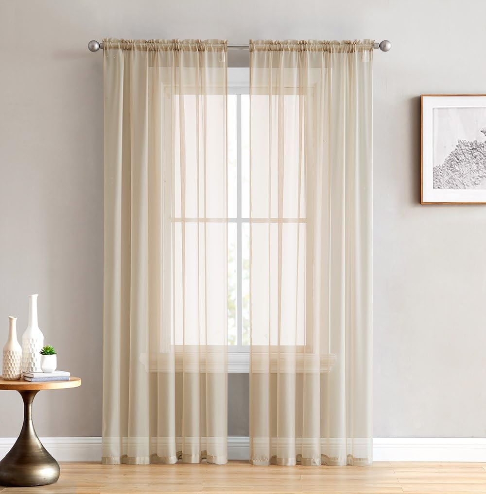 Antique Taupe Sheer Voile Window Treatment Rod Pocket Curtain Panels for Bedroom and Small Windows (54 x 63 inches Long, Set of 2)