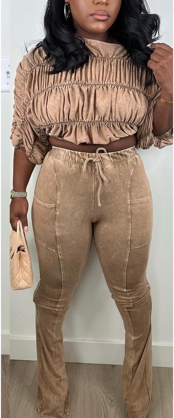 Women's Fall Two Piece Outfits One Shoulder Ruched Long Sleeve Crop Top Flared Pants Lounge Sets - Image 3