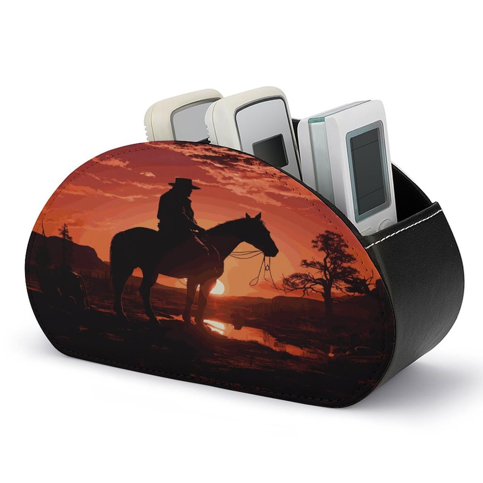 VstaDank Cowboy West Remote Control Holder with 5 Compartments Pu Leather TV Remote Caddy Storage Box Desktop Organizer Store Controller DVD Brush Pens Glasses&Office Supplies