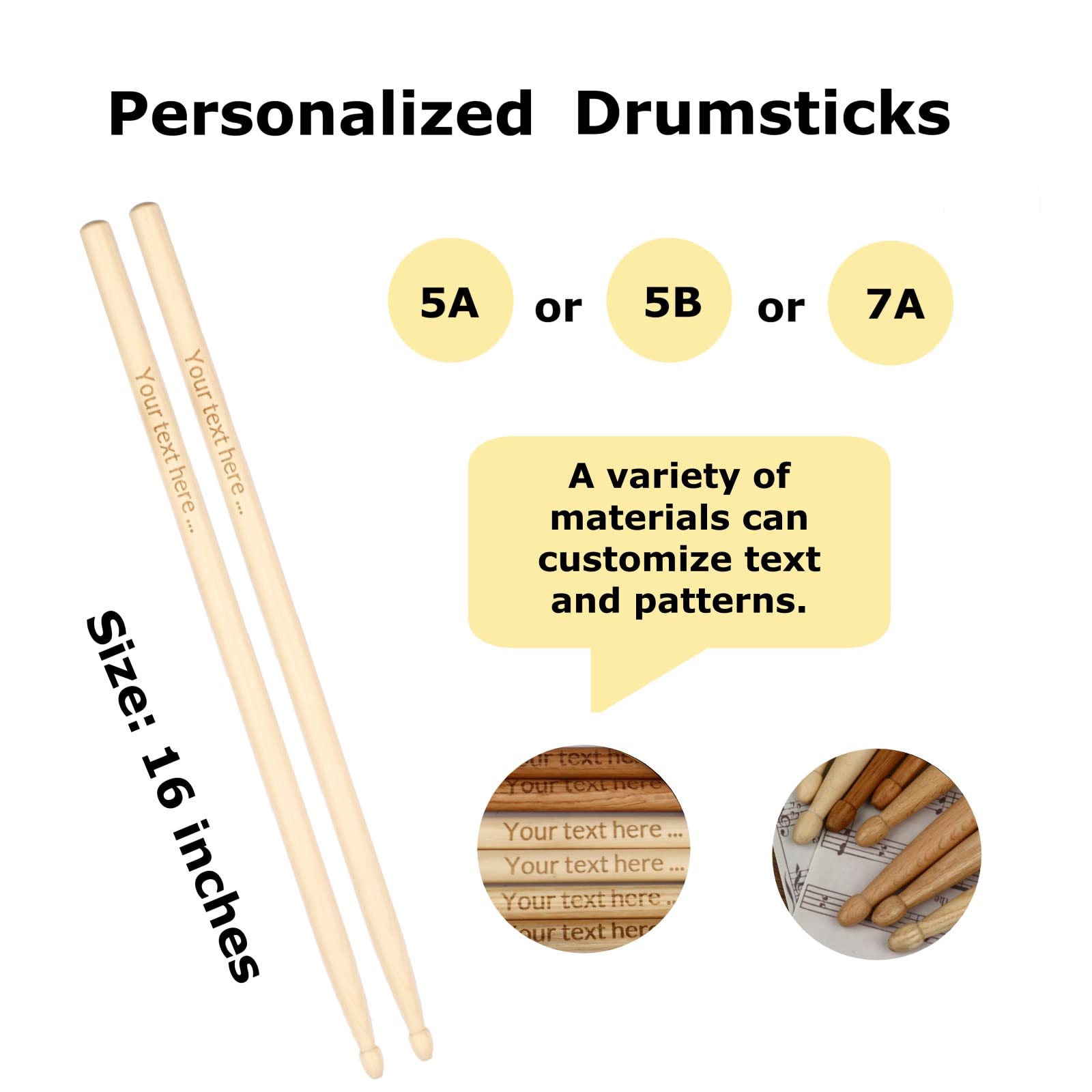 OXYEFEI Personalized Drum sticks, 1 Pair of 5A/5B/7A Oak Wooden Drumsticks, Custom Engraved with Your Text and Logo, Perfect Gift for Musician and Drummer