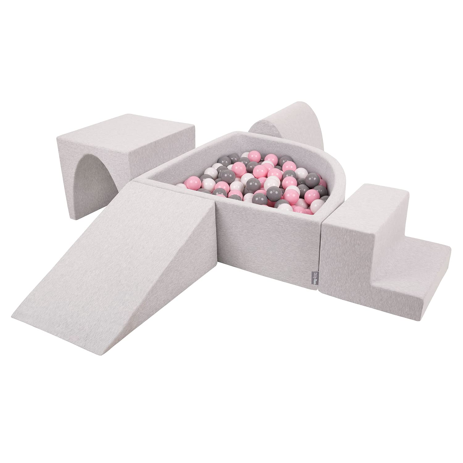 KiddyMoon Foam Playground For Kids With Quarter Angular Ballpit (300 Balls) Obstacle Course, Lightgrey:White/Grey/Powderpink