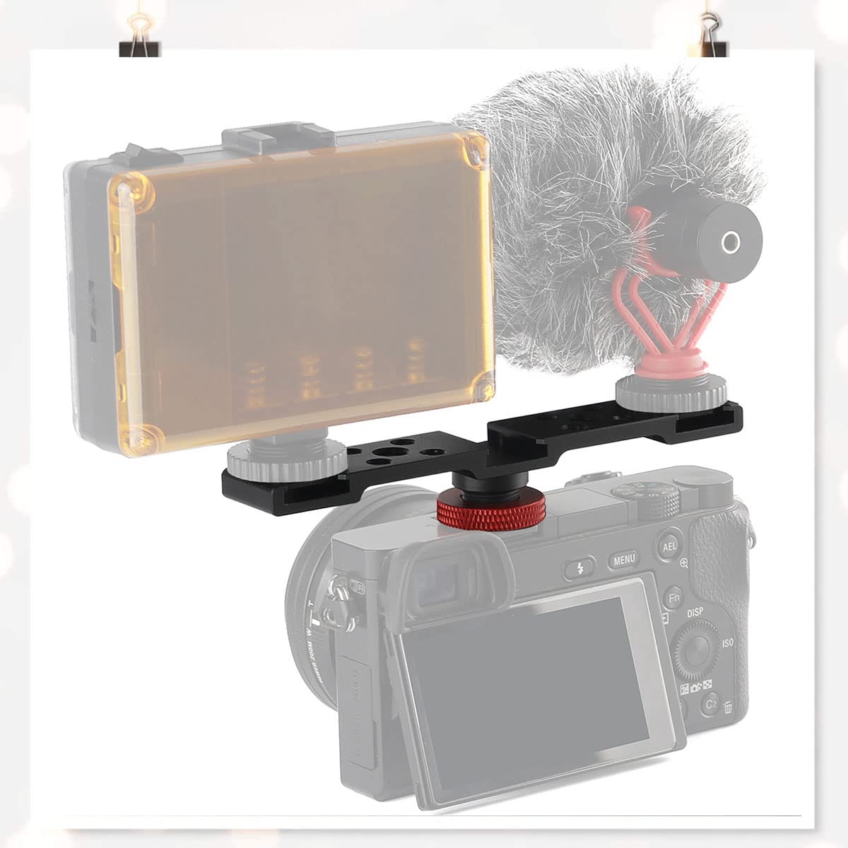 Flash Bracket Fixation Support Sabot - Double Rail Barre D'extension en Alliage Aluminium avec Trous Vis 1/4" 3/8" pour Lumière Led Trépied Light Microphone Monopode Dslr Reflex , Noir
