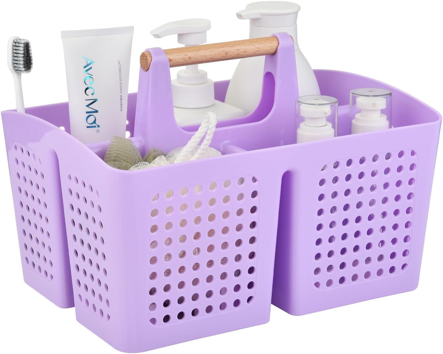 ALINK Portable Shower Caddy Plastic Shower Basket Organizer Divided Bathroom Caddy Storage Cleanning Caddy Tote with Handle for College, Dorm Room, Kitchen,Round Hole (purple)