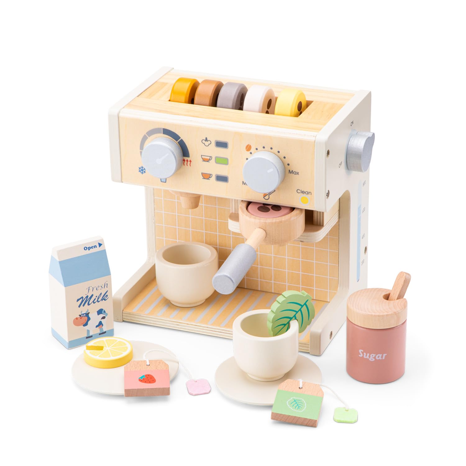 Woet® Jouet Machine à Café en Bois pour Enfants – Set Barista avec Lait, Sachets de Thé et Accessoires – Jouet de Cuisine FSC – À Partir de 3 Ans – Cadeau Filles et Garçons