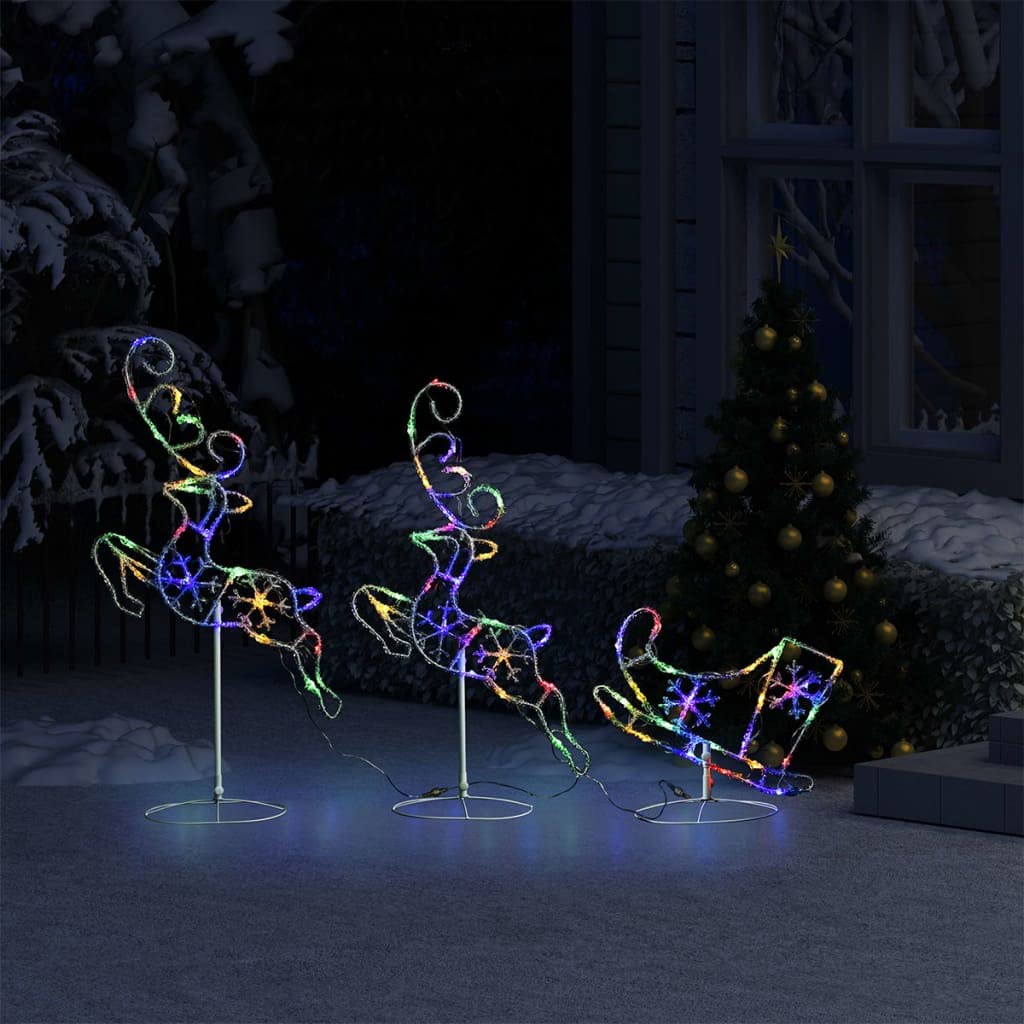 LED Weihnachtsdeko Rentier Familie mit Schlitten, 72 LEDs, 8 Lichteffekte, für Innen- und Außenbereich, 260x21x87 cm, Mehrfarbig