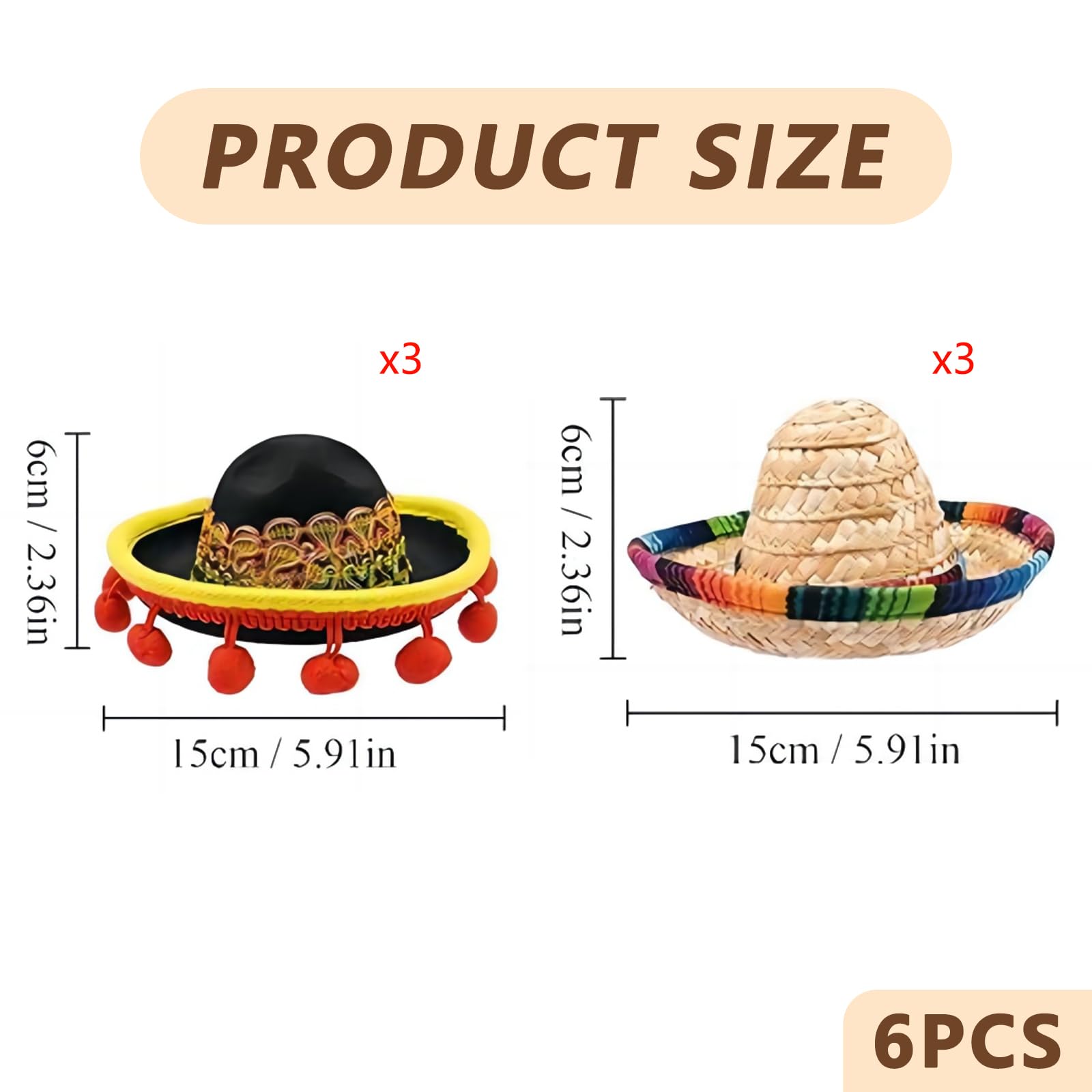 6 pz Mini cappelli messicani Mini cappelli Sombreros Mini cappello di paglia Fiesta Decorazioni per feste messicane per Cinco De Mayo Fiesta messicana Carnevale Bambini Cani Gatti Festa