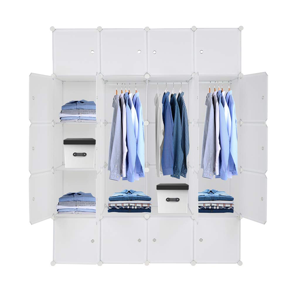 Bonnlo Kleiderschrank aus Kunststoff, DIY Regalsystem, Tragbarer Garderobenschrank, Regal mit Türen, Steckregal 20 Würfel, mit 3 Kleiderstange, Weiß, 142x47x178cm