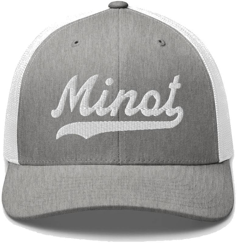 Minot Hat Minot Trucker Hat Baseball Script Embroidered Cap Vintage Sports Mesh Swoosh Gift Souvenir Headwear ND