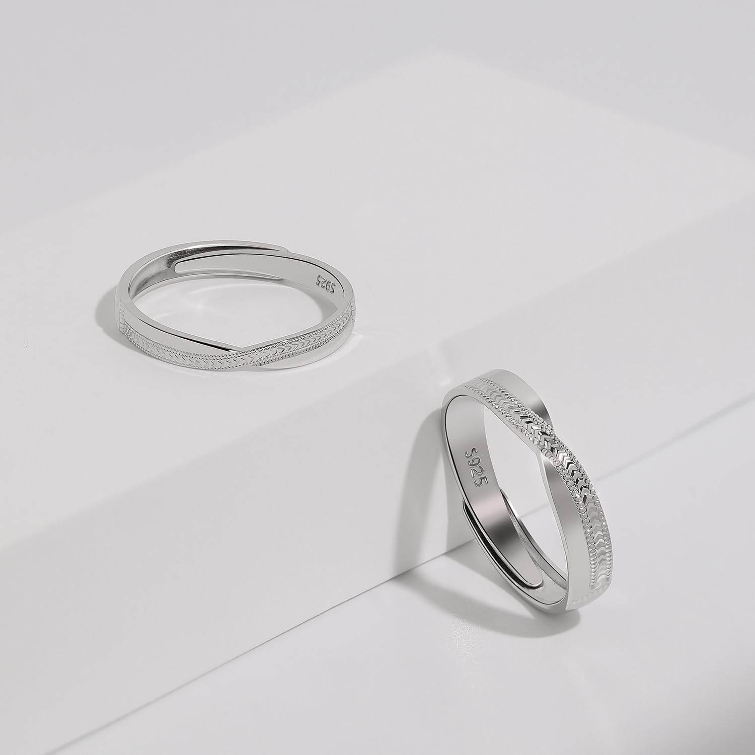 Meissa 2pcs Couple Rings Sterling Silver for Men and Women Wedding Simple Couple Bands Size Adjustable Cubic Zirconia Matching Promise Rings