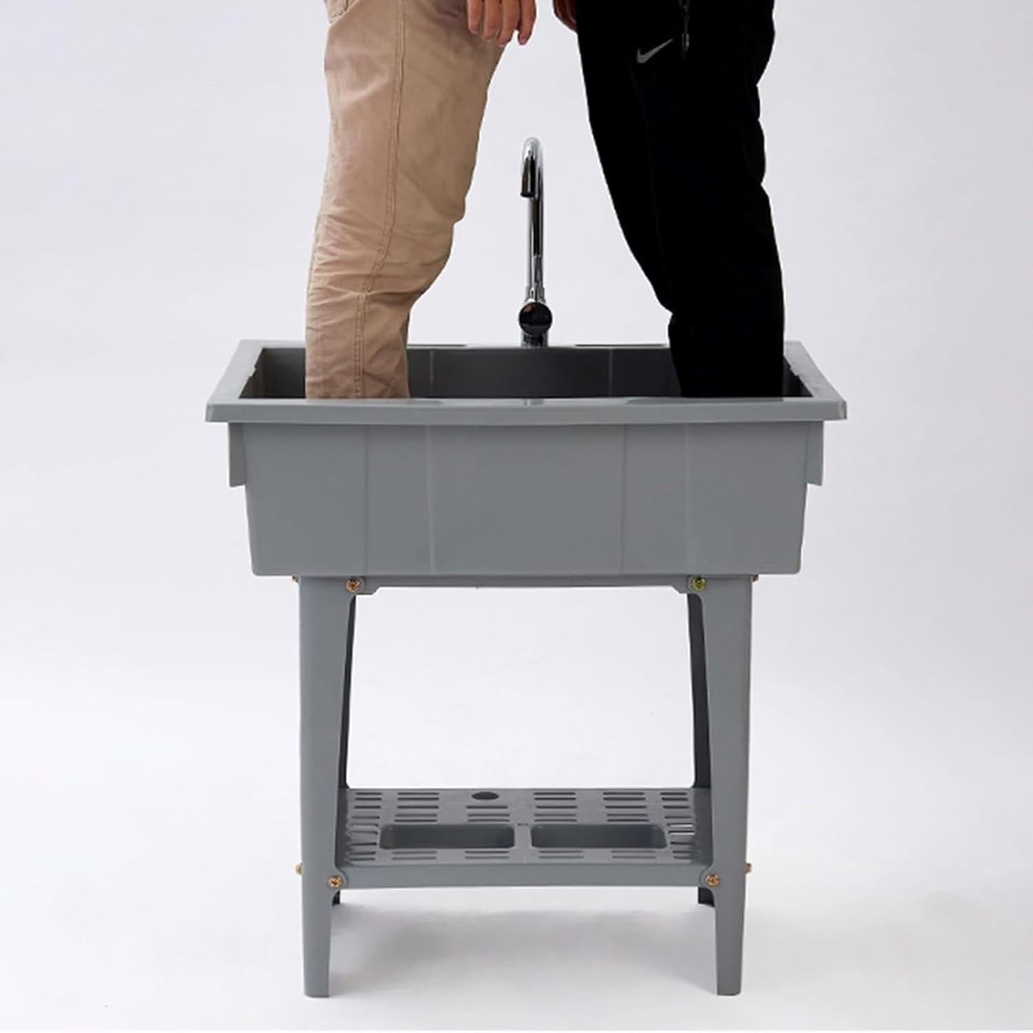 Plastic Sink Freestanding Laundry Sinks with Scrub Board Utility Easy to Install Multifunctional Laundry Bathroom Cleaning Basin(Gray)