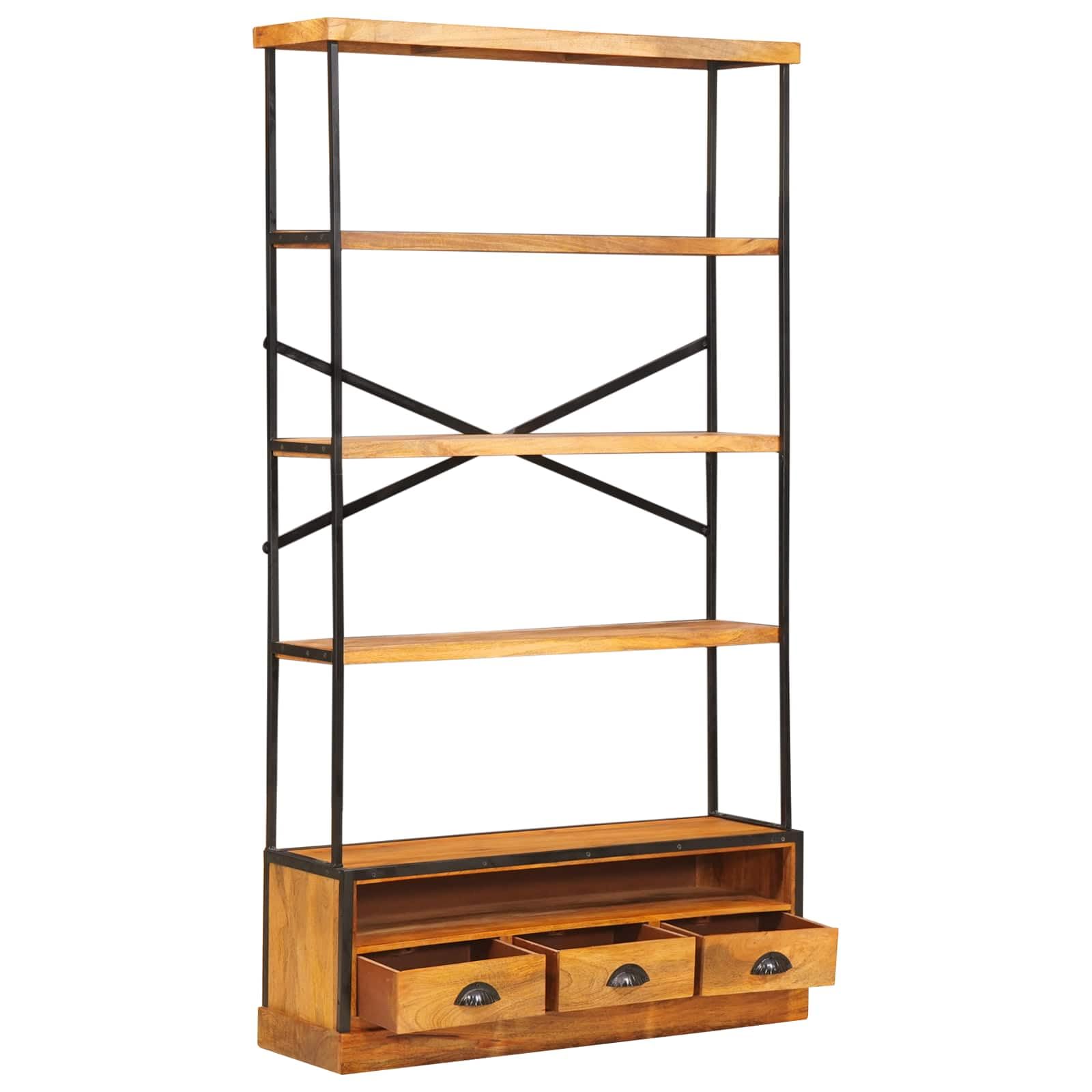 5-stufiges Bücherschrank Natur 100 x 30 x 180 cm aus Mango-Holz sowie Stahl geeignet für Wohnzimmer, Büro sowie Schlafraum, platzsparender Stauraum Organizer inklusive 3 Schubladen sowie
