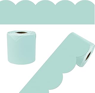 Carson Dellosa 65Ft of Sea Glass Green Bulletin Board Borders, 1 Roll of Pastel Scalloped Trim for Rolling Whiteboard, Cork and Posterboard, Party, Easter, Spring Decorations, and Classroom Decor
