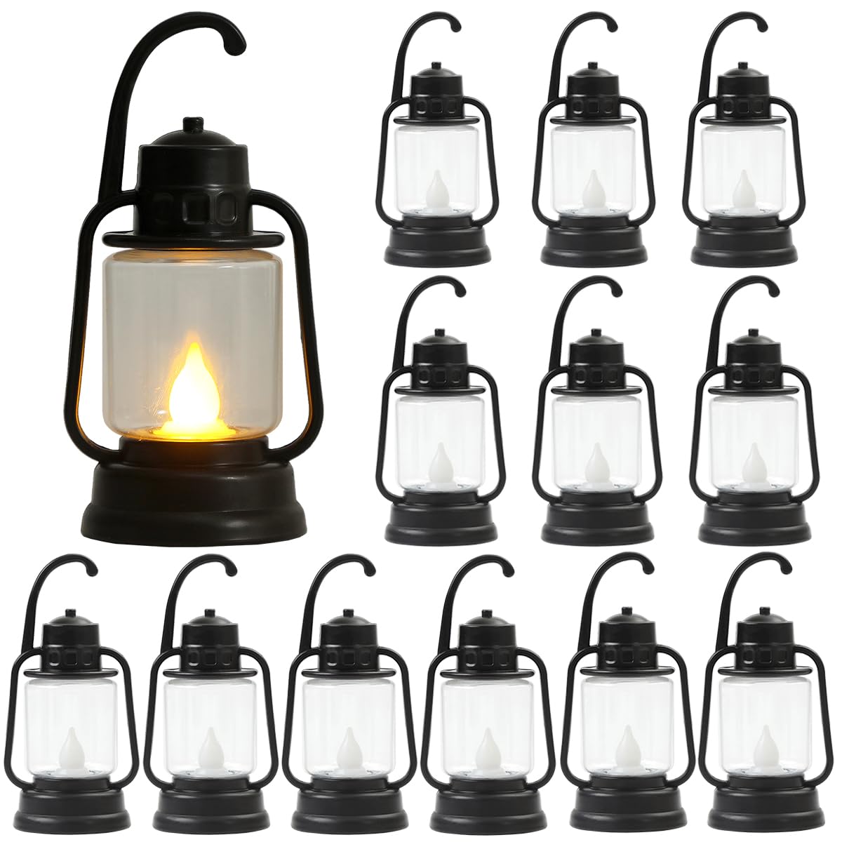 Lot de 12 lanternes rétro à LED de 15,2 cm - Lanternes décoratives à suspendre pour décoration de mariage, Halloween, Noël et diverses fêtes (noir, taille L)