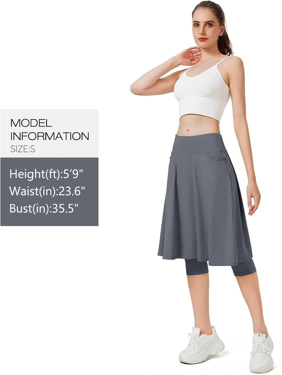 ANIVIVO 24" Long Knee Length Skirted Leggings for Women, Athletic Pleated Skirt with Leggings Workout Skirt Pockets - Image 5